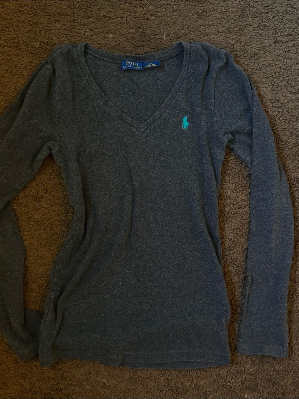 Polo by Ralph Lauren Dark Gray V-Neck Long Sleeve Top with Teal Pony